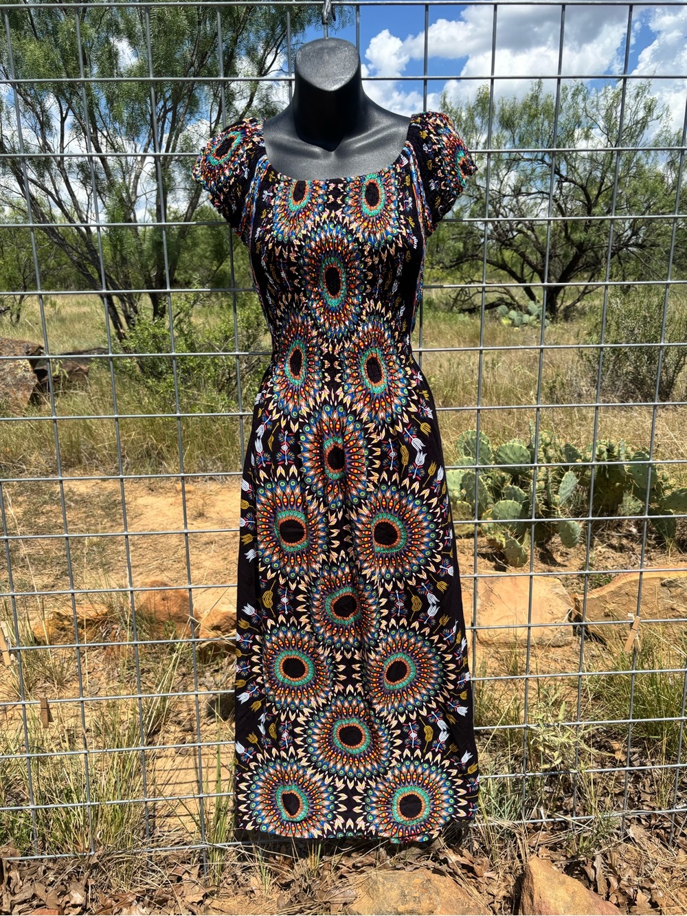 Black Multicolor Sunburst Print Maxi Dress